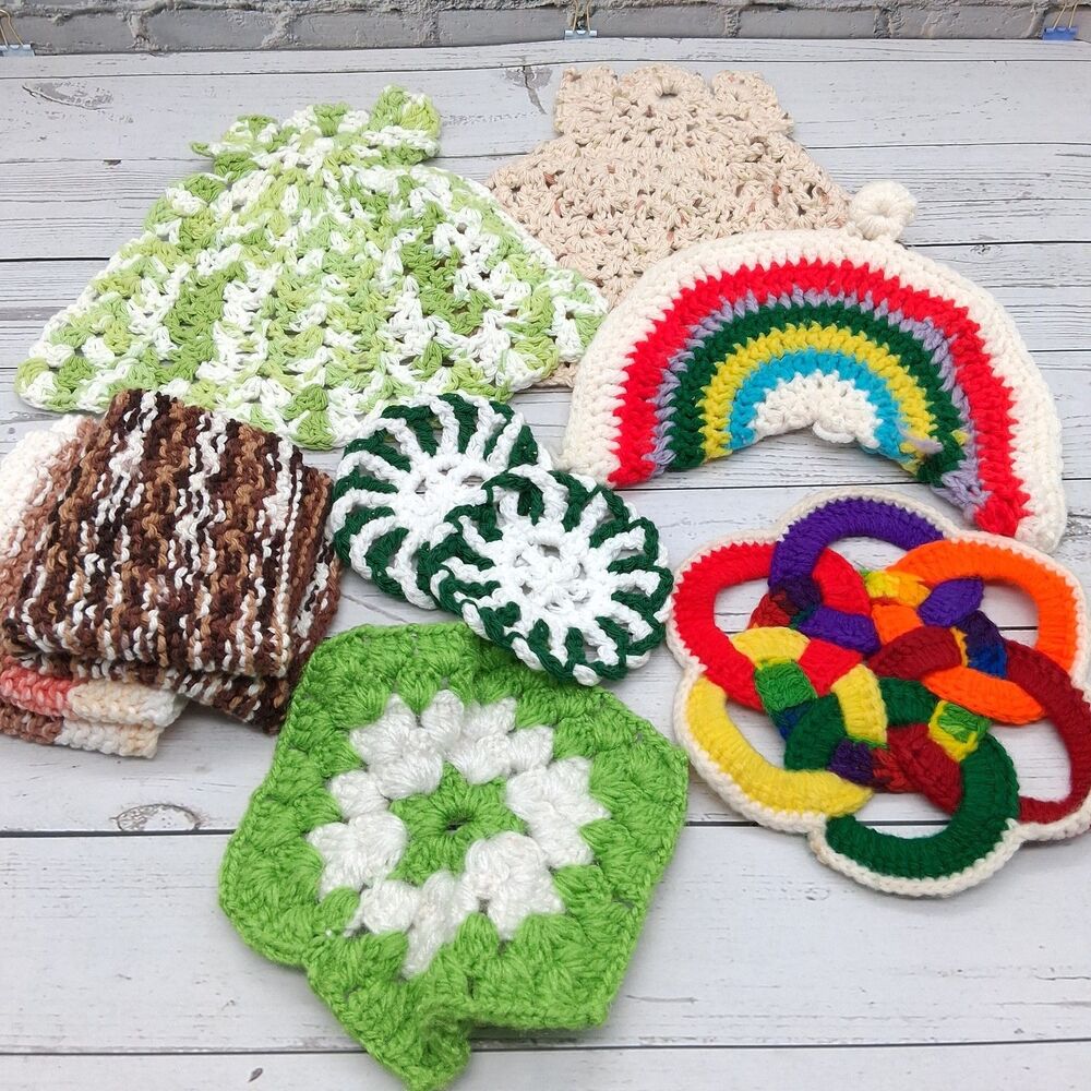 Lot of 9 Crocheted Vintage Potholders Hot Pads Retro Kitchen Decor Cottage Core